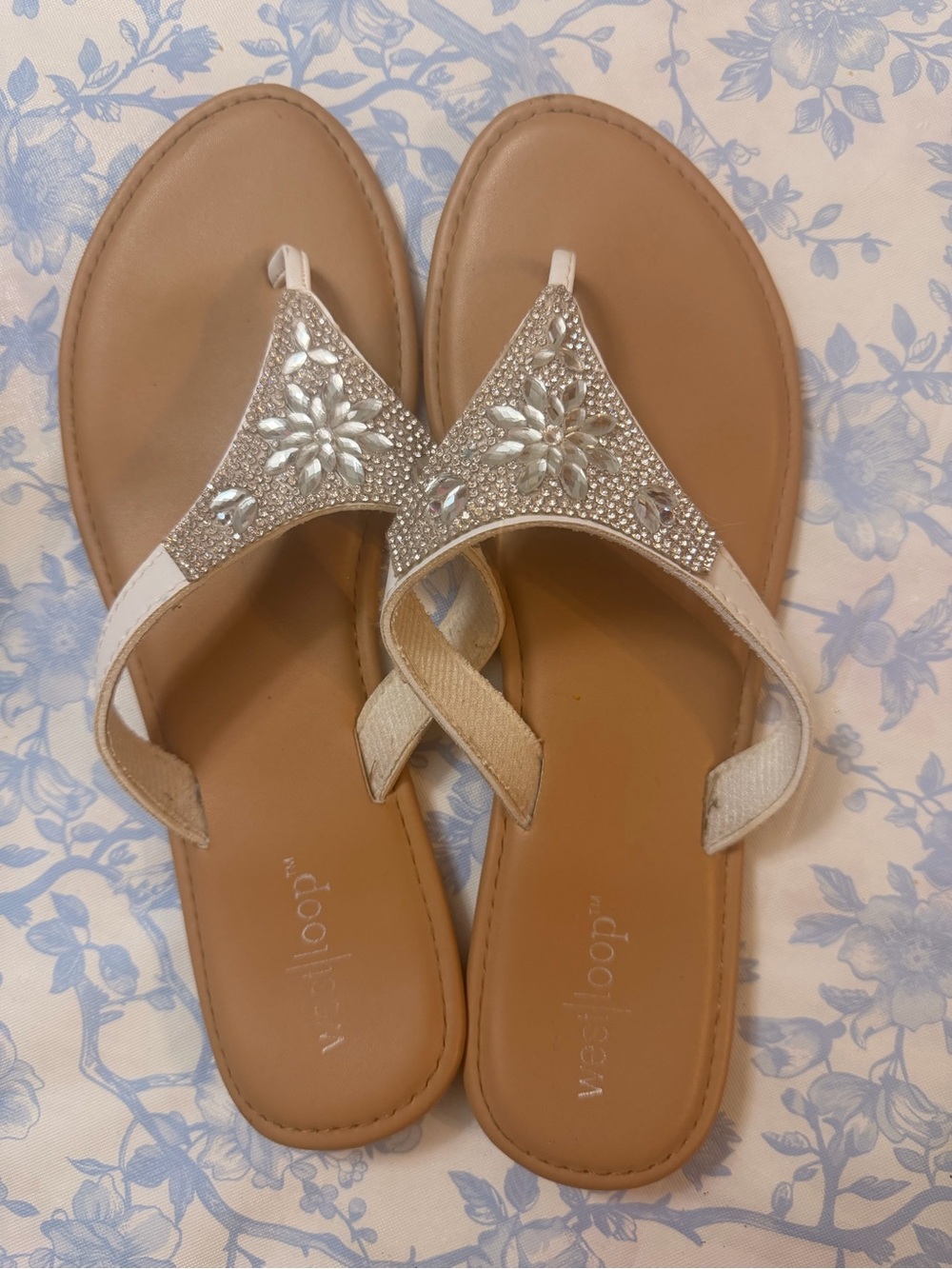 Embellished White Thong Sandals for Women